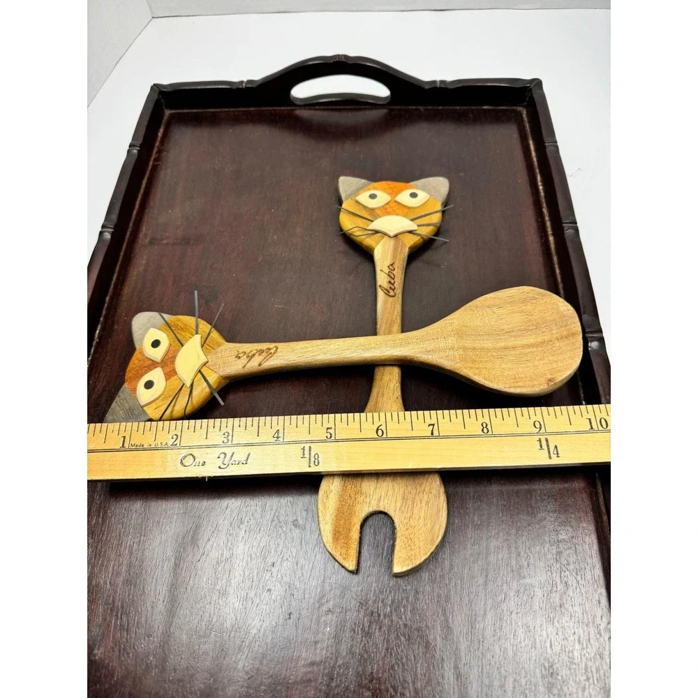 Vintage Cuba Hand Carved Wood Cat Salad Server Set Inlay Wooden Spoon Fork 10in